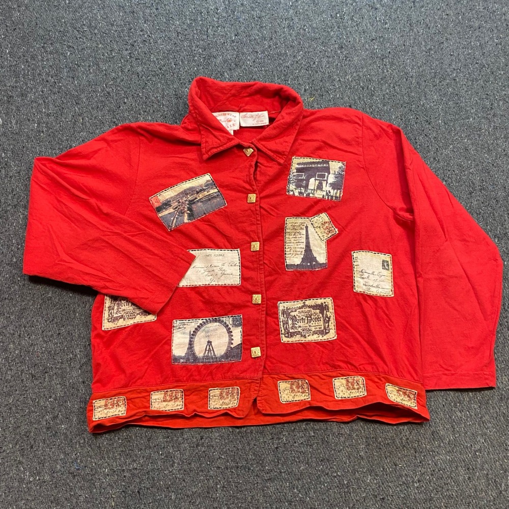 Country Wear Casuals Shirt Sz PL Womens Red Paris Postcard Boho Travel Art